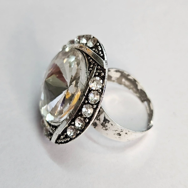 Adjustable Brass Crystal Silver Stone Ring