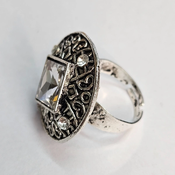 Adjustable Brass Crystal Silver Stone Ring