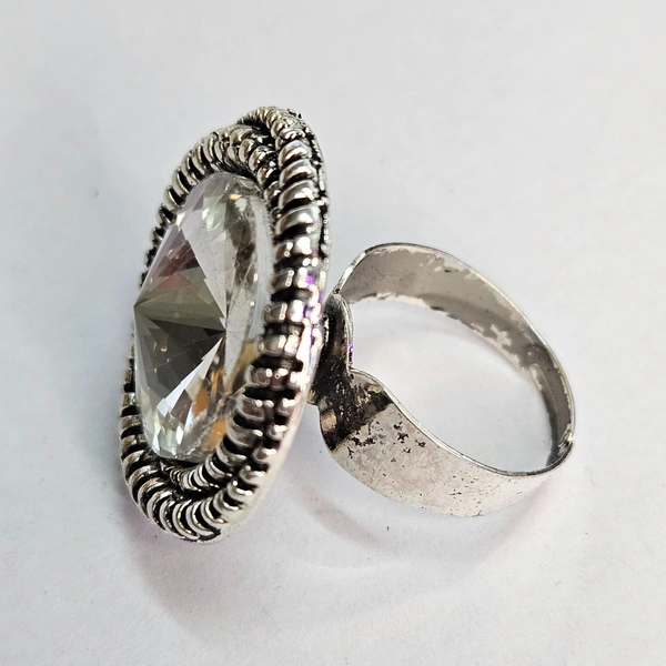 Adjustable Brass Crystal Silver Stone Ring