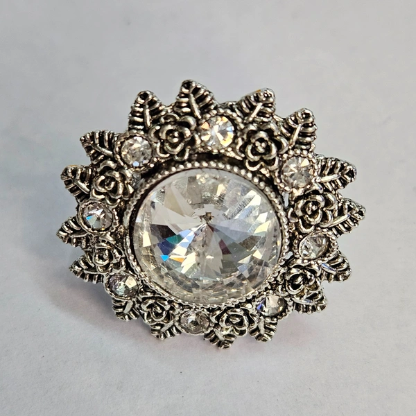 Adjustable Brass Crystal Silver Stone Ring