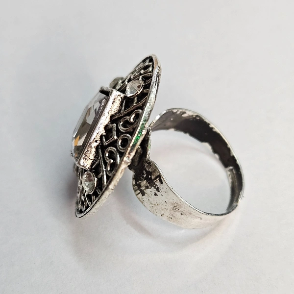 Adjustable Brass Crystal Silver Stone Ring