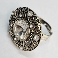 Adjustable Brass Crystal Silver Stone Ring