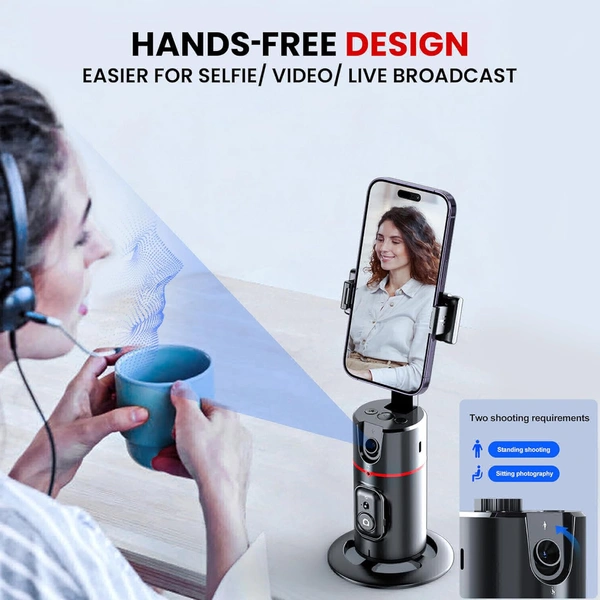 Auto Face Tracking Tripod, 360° Rotation Mobile Holder for Smart Video & Photo Shooting with Remote, No App Needed, Gimbal Stabilizer with Gesture Control for Vlog, Streaming & Video Recording - Black
