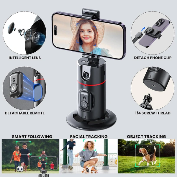 Auto Face Tracking Tripod, 360° Rotation Mobile Holder for Smart Video & Photo Shooting with Remote, No App Needed, Gimbal Stabilizer with Gesture Control for Vlog, Streaming & Video Recording - Black
