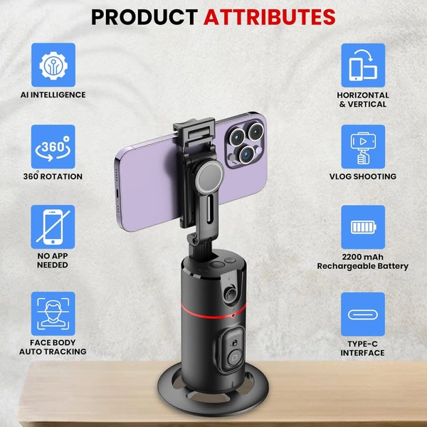 Auto Face Tracking Tripod, 360° Rotation Mobile Holder for Smart Video & Photo Shooting with Remote, No App Needed, Gimbal Stabilizer with Gesture Control for Vlog, Streaming & Video Recording - Black