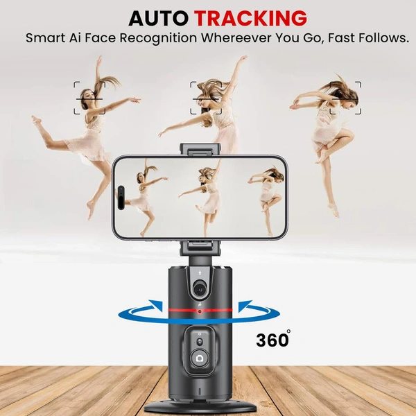 Auto Face Tracking Tripod, 360° Rotation Mobile Holder for Smart Video & Photo Shooting with Remote, No App Needed, Gimbal Stabilizer with Gesture Control for Vlog, Streaming & Video Recording - Black