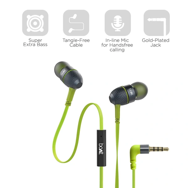 boAt Bassheads 220 Wired in Ear Earphone with Mic (Indi Lime)