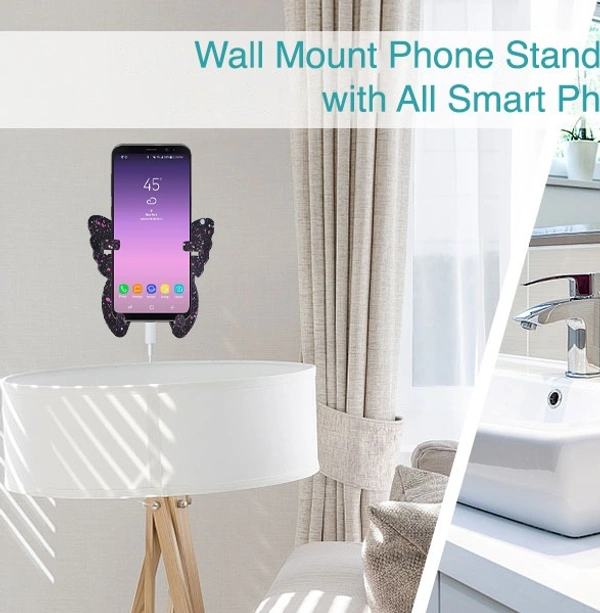 Butterfly Wall Mount Mobile Holder Wall Mount Phone Stand Compatible with All Smart Phones Wall Mount Mobile Phone Charging Stand - Black