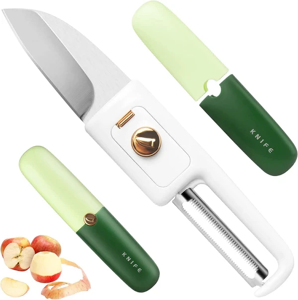 Dual Function Peeling Knife Set, 2 Pieces Knife Set, Portable Fruit Vegetable Peelers 2 in 1 Easy Peeling and Slicing Tools for Kitchen Office Outdoor Christmas Gift