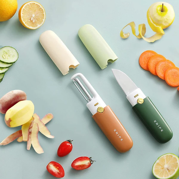 Dual Function Peeling Knife Set, 2 Pieces Knife Set, Portable Fruit Vegetable Peelers 2 in 1 Easy Peeling and Slicing Tools for Kitchen Office Outdoor Christmas Gift