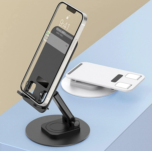 Foldable Mobile Phone Stand Dock Tabletop Mount, Aluminum Stand for Table & Bed Compatible with All Smartphones & Tablets 4 to 11''inch Desk Accessories - Black