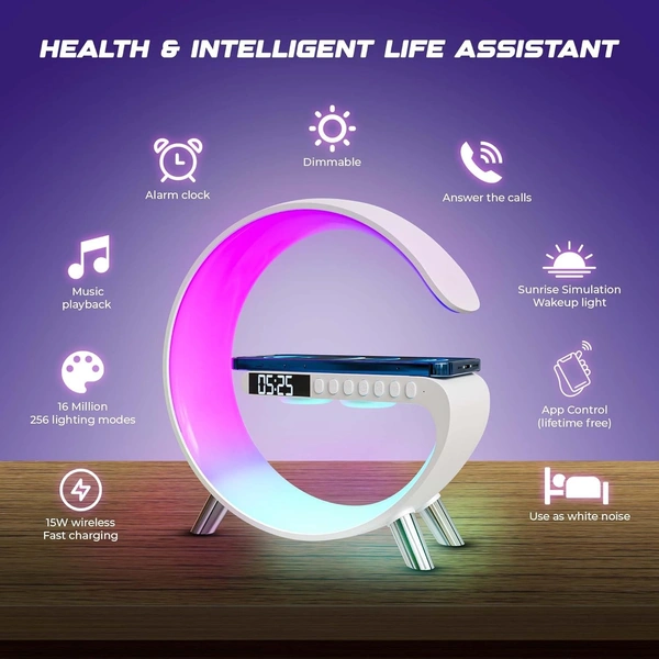 G Lamp 15W Wireless Charger Atmosphere Light Lamp, 4-in-1 Charger with BT, Speaker, Alarm Clock, and App Control Lights for Bedroom, Ambient Light
