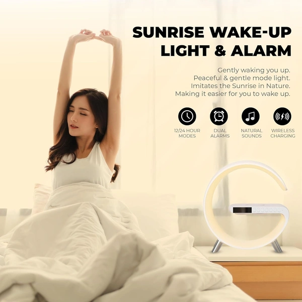 G Lamp 15W Wireless Charger Atmosphere Light Lamp, 4-in-1 Charger with BT, Speaker, Alarm Clock, and App Control Lights for Bedroom, Ambient Light
