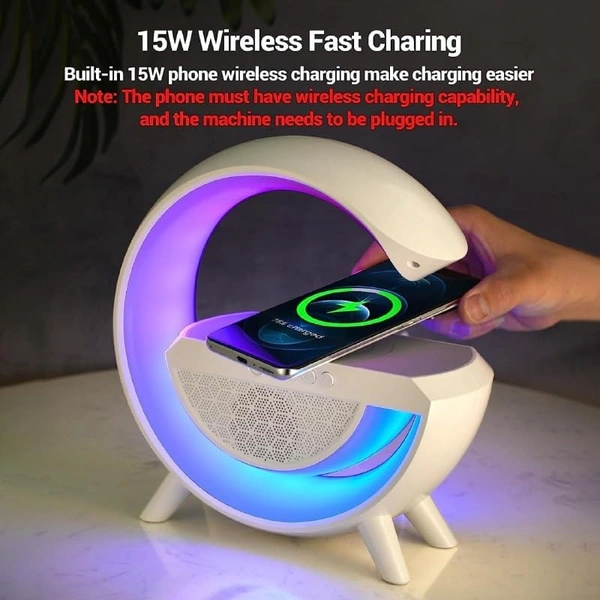 G Shape Multifunctional Google Speaker Wireless Charger Speaker 15 Watt Fast Charging Speaker Atmosphere Lamp With Bluetooth Speaker FM Radio 6 RGB Music Sync Lighting Mode For Bedroom