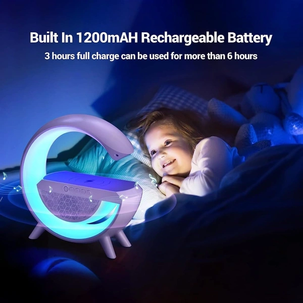 G Shape Multifunctional Google Speaker Wireless Charger Speaker 15 Watt Fast Charging Speaker Atmosphere Lamp With Bluetooth Speaker FM Radio 6 RGB Music Sync Lighting Mode For Bedroom