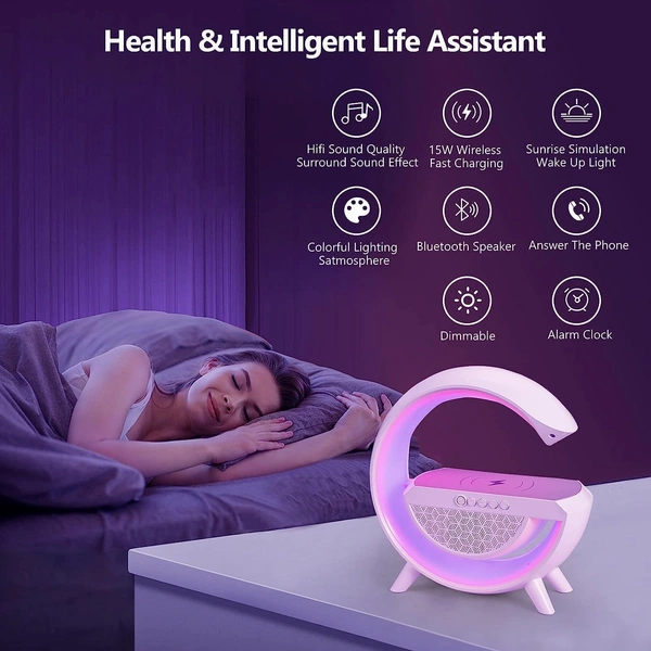 G Shape Multifunctional Google Speaker Wireless Charger Speaker 15 Watt Fast Charging Speaker Atmosphere Lamp With Bluetooth Speaker FM Radio 6 RGB Music Sync Lighting Mode For Bedroom