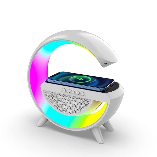 G Shape Multifunctional Google Speaker Wireless Charger Speaker 15 Watt Fast Charging Speaker Atmosphere Lamp with Bluetooth Speaker FM Radio 6 RGB Music sync Lighting Mode for Bedroom