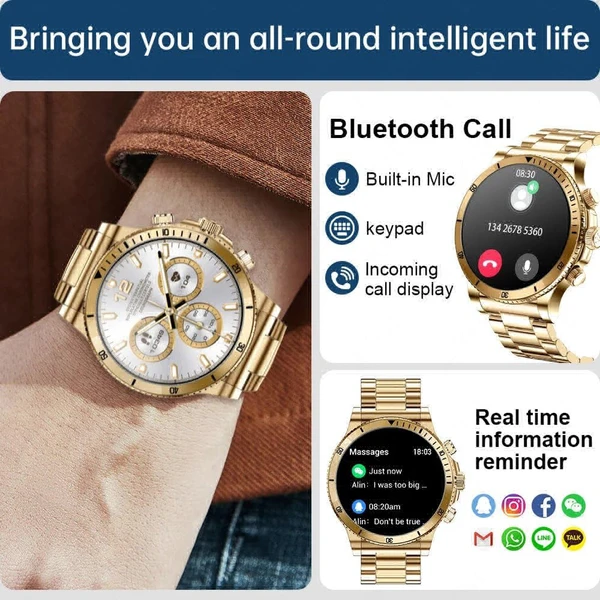 Gen 14 Golden Black Round Display Smartwatch | Ultra Luxury Golden Bracelet Smart Watch Bluetooth Call, Wireless Charge, Fitness Tracker - Golden Version