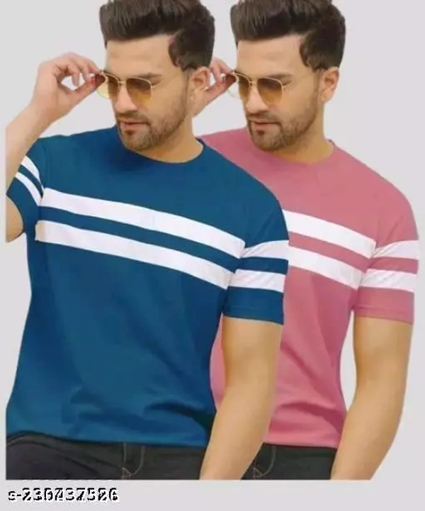 Men's Half T-shirt Cotton Blend (RoseGold & Teal Blue) Casual Wear Striped T-shirts Combo Pack Of 2 - XL