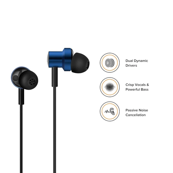 MI XIAOMI Dual Driver Dynamic Bass in-Ear Wired Earphones with Mic, 10mm& 8mm for Heavy Bass & Crystal Clear Vocals, Passive Noice Cancellation, Magnetic Earbuds with Braided Cable (Blue) - Blue