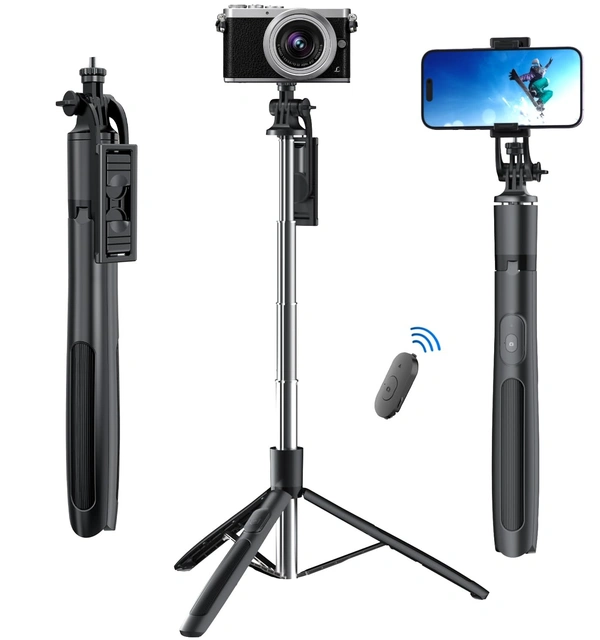 Neepho Selfie Stick with Tripod Stand Reinforced 63 inch/160cm Long Selfie Stick Tripod Bluetooth Mobile Tripod Stand with 1/4 Screw for Vlogging YouTube Live Stream,Black