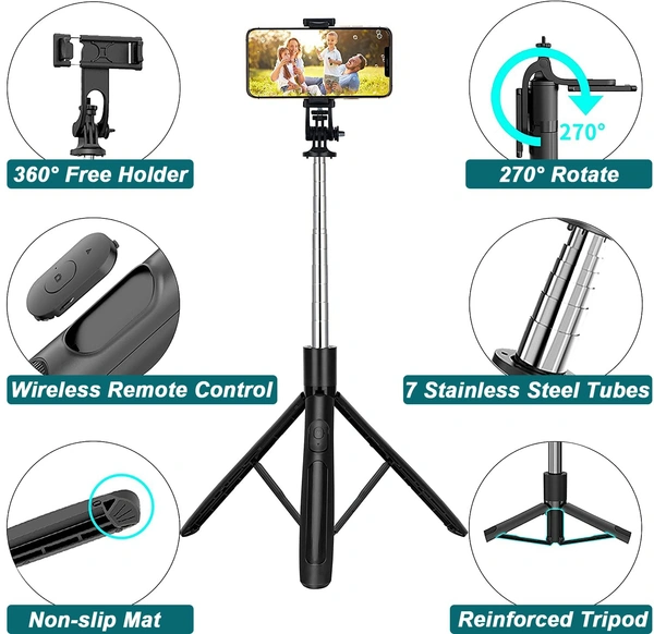 Neepho Selfie Stick with Tripod Stand Reinforced 63 inch/160cm Long Selfie Stick Tripod Bluetooth Mobile Tripod Stand with 1/4 Screw for Vlogging YouTube Live Stream,Black