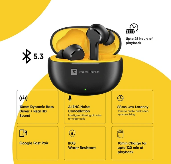 realme TechLife Buds T100 Bluetooth Truly Wireless in Ear Earbuds with mic, AI ENC for Calls, Google Fast Pair, 28 Hours Total Playback with Fast Char Total