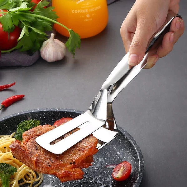 Stainless Steel Food Vegetables Frying Grilling Barbecue BBQ Steak Pizza Salad Sandwich Serving Double Clip Kitchen Tong - 10 Inch