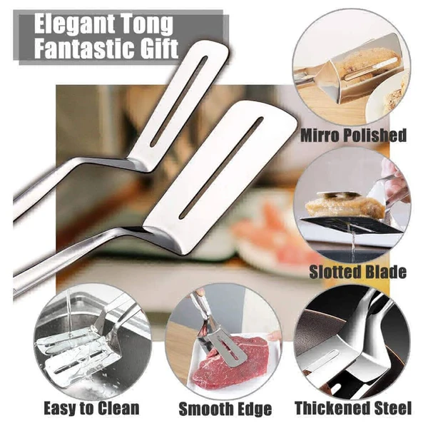 Stainless Steel Food Vegetables Frying Grilling Barbecue BBQ Steak Pizza Salad Sandwich Serving Double Clip Kitchen Tong - 10 Inch