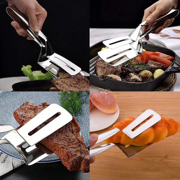 Stainless Steel Food Vegetables Frying Grilling Barbecue BBQ Steak Pizza Salad Sandwich Serving Double Clip Kitchen Tong - 10 Inch