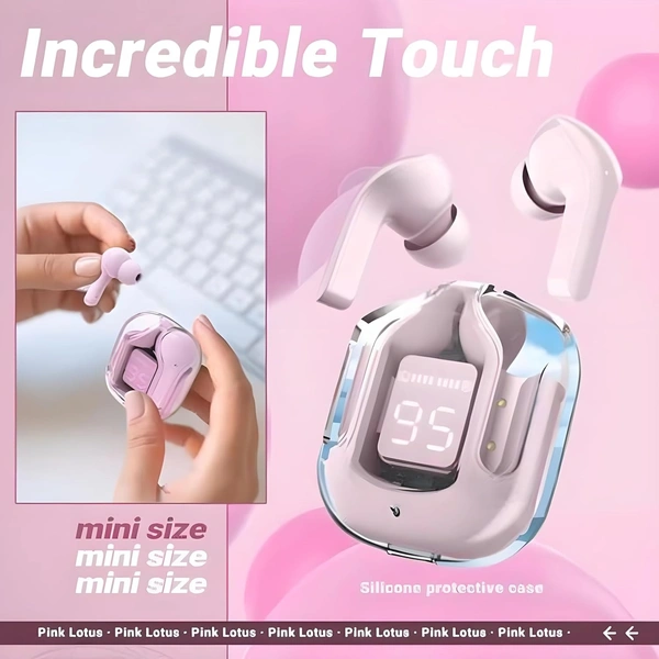 Transparent Digital Display True Wireless 5.0 Bluetooth ANC TWS Earpods - in Ear Power LED Display, IPX4 Water-Resistant Stereo, Active Noise Reduction, Touch-Control Earbuds with Charging Bin (Pink)