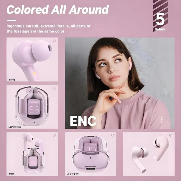 Transparent Digital Display True Wireless 5.0 Bluetooth ANC TWS Earpods - in Ear Power LED Display, IPX4 Water-Resistant Stereo, Active Noise Reduction, Touch-Control Earbuds with Charging Bin (Pink)