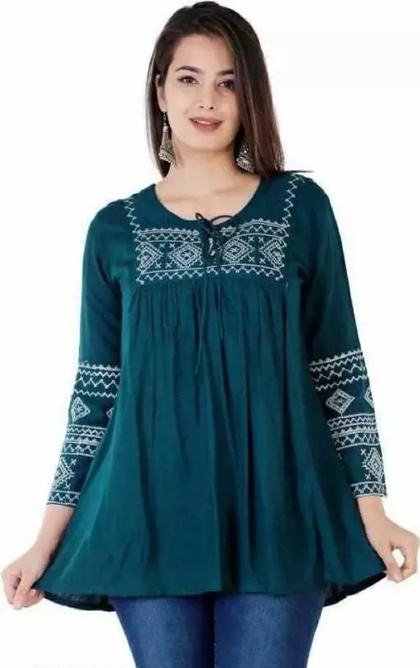 Women Embrodery Green Top, Frock_Top,Kurti_Top - M