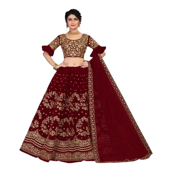 Women Velvet Embroidered Semi Stitched Lehenga Choli And Dupatta Set