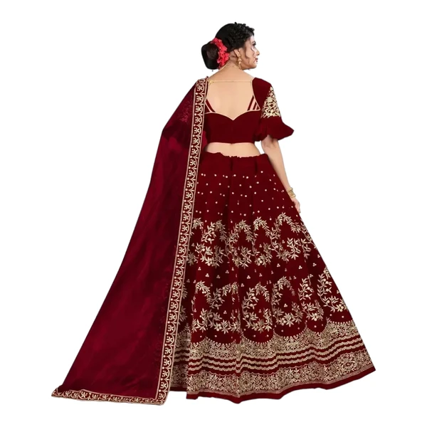 Women Velvet Embroidered Semi Stitched Lehenga Choli And Dupatta Set