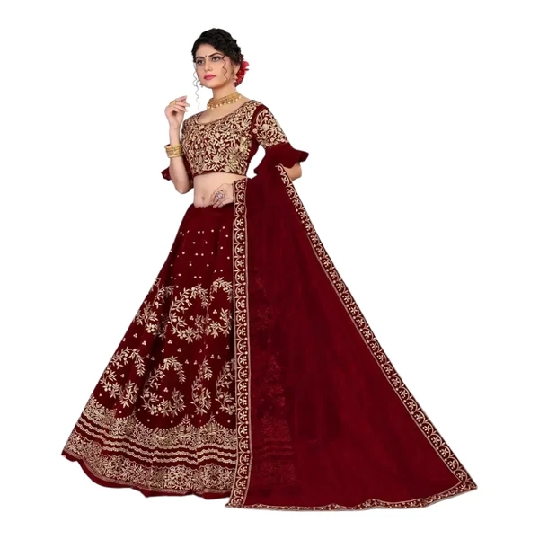 Women Velvet Embroidered Semi Stitched Lehenga Choli And Dupatta Set