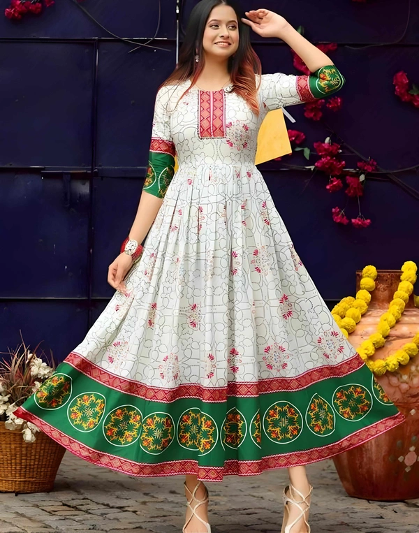 RAYON ANARKALI LONG KURTI - White, S