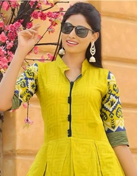 RAYON ANARKALI LONG KURTI - Yellow, M