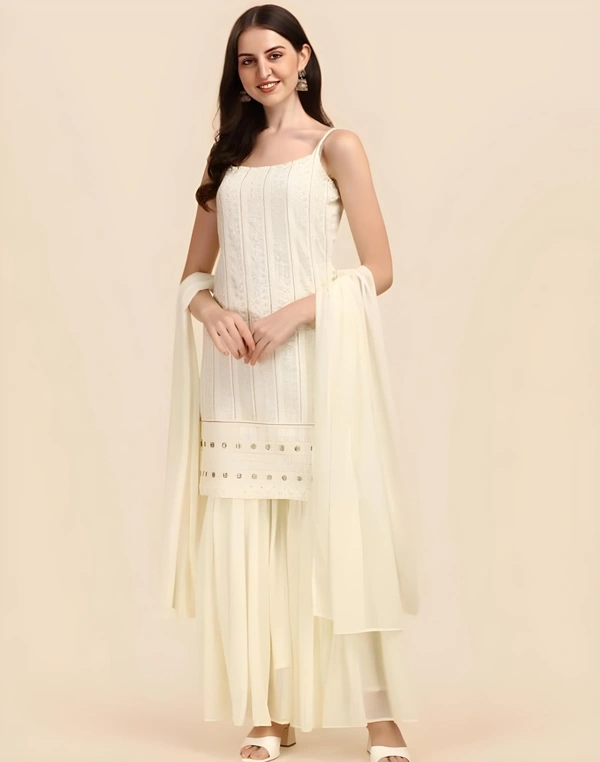 DECIZE CLOTHING KURTI SHARARA SET WITH DUPATTA - White, M