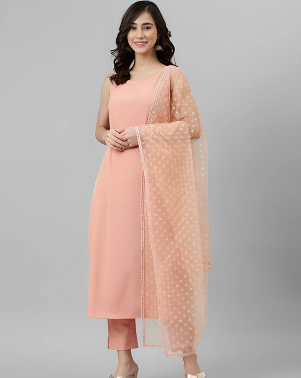Peach Solid Crepe Kurta Set with Dupatta and Pant - My Pink, XL