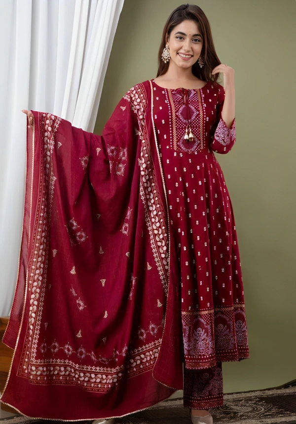 Womens Rayon Kurti With Duppata And Bottomwear 3 Pice Set - Guardsman Red, M