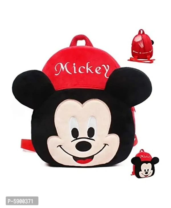 Heaven Decor Mickey Velvet Soft Plus Kidds School Bag Nursury class to 5 ( Size - 14 inch ) (color - Red ) - 14 Inch