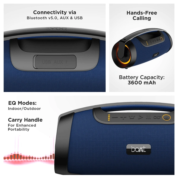 Boat Bluetooth Speaker with 40W RMS Sound, IPX5, Portable and Lightweight, Battery Capacity 3600mAh, BT, AuxRead