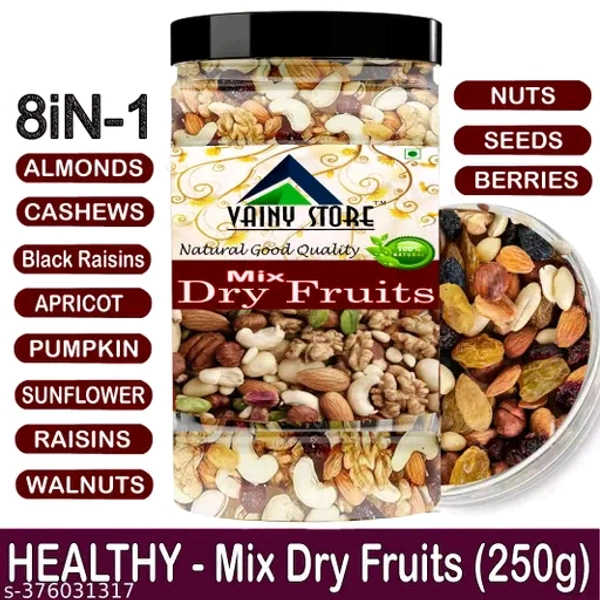 250GMS MIX DRY FRUITS [AKHROT GIRI, ALMONDS, CASHEWS, KISHMIS, Apricot, BLACK RAISINS, APRICOTS] 8 in 1 Healthy Trail Mix Nuts, Seeds & Berries and mix dry fruits 250 gm seeds for eating  - 250g