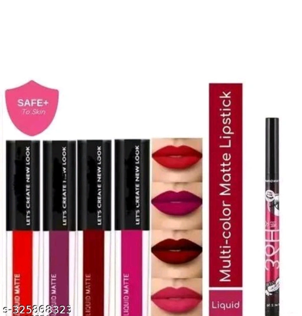 Red edition Long Wearing & Transfer Resistant Longlasting Liquid 4 in 1 Lipstick Smudgeproof & Waterproof (Pack of 5) 100 gm whit eye liner