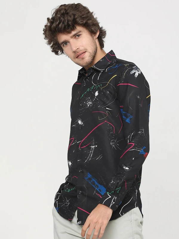 HIGHLANDER Men Black & Blue Abstract Printed Slim Fit Casual Shirt  - 42
