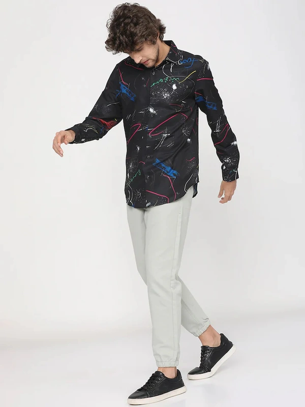 HIGHLANDER Men Black & Blue Abstract Printed Slim Fit Casual Shirt  - 42