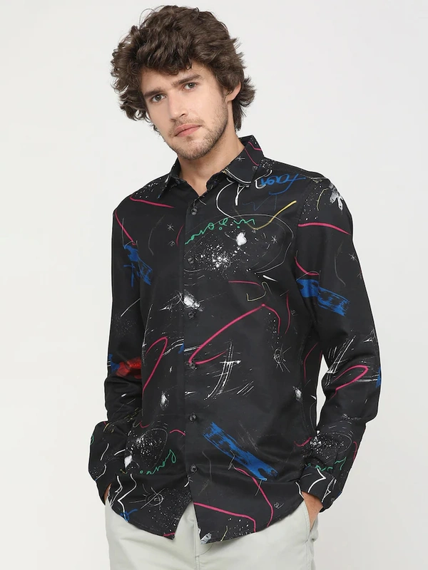 HIGHLANDER Men Black & Blue Abstract Printed Slim Fit Casual Shirt  - 44