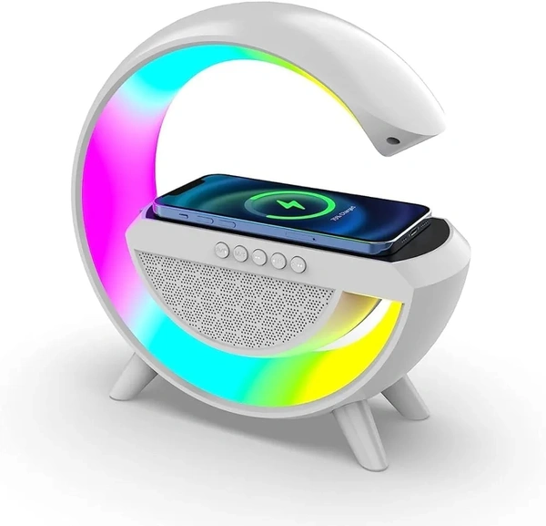 Multifunctional Google Speaker Wireless Charger Speaker 15 Watt Fast Charging Speaker Atmosphere Lamp with Bluetooth Speaker FM Radio 6 RGB Music sync Lighting Mode
