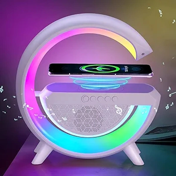 Multifunctional Google Speaker Wireless Charger Speaker 15 Watt Fast Charging Speaker Atmosphere Lamp with Bluetooth Speaker FM Radio 6 RGB Music sync Lighting Mode